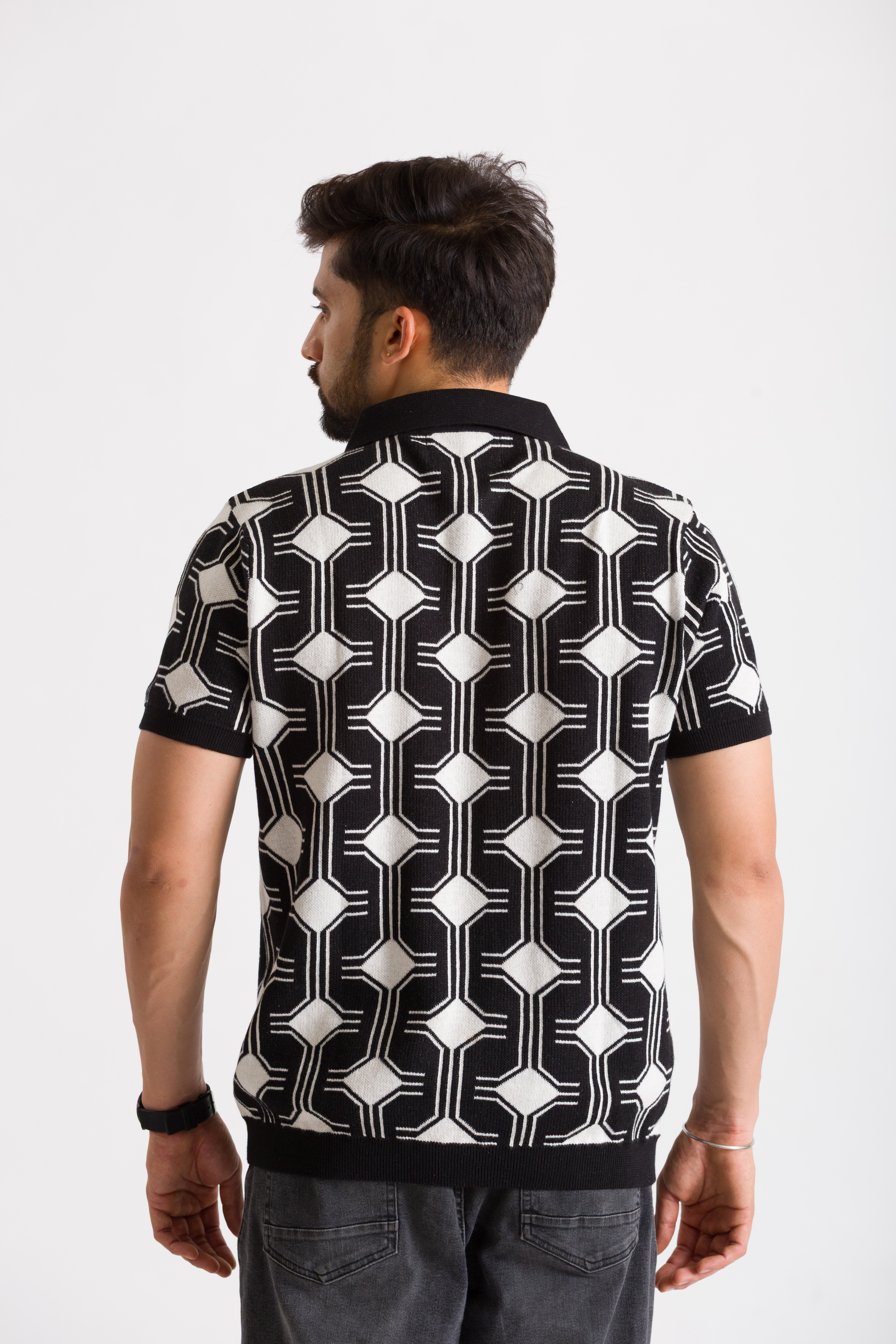 Knitted Black Jacquard Polo T-Shirt